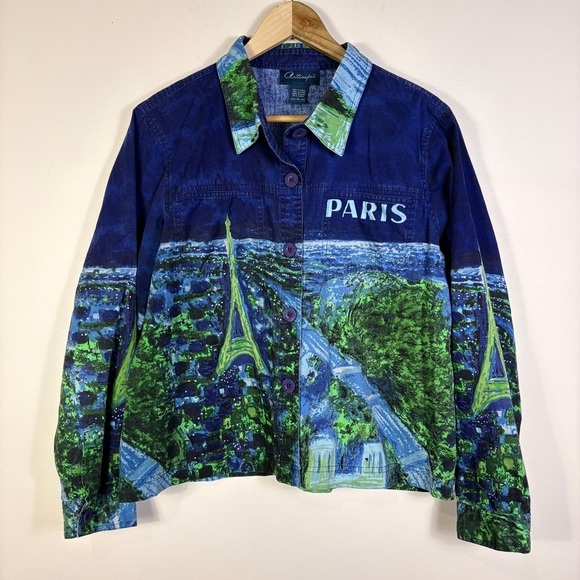 Artscapes Jackets & Blazers - Vintage Paris Painting Purple Cotton Jean Jacket Artsy Artscapes Novelty Travel